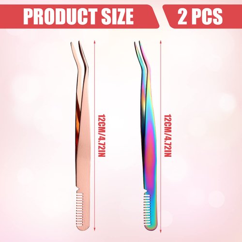 2pcs Lash Tweezers, Stainless Steel Lash Extension Tweezers with Comb 2 in 1 Eyelash Tweezers for Extension Applicator Tool for Cluster Lashes Tweezers for Individual Lash (2 Colors)