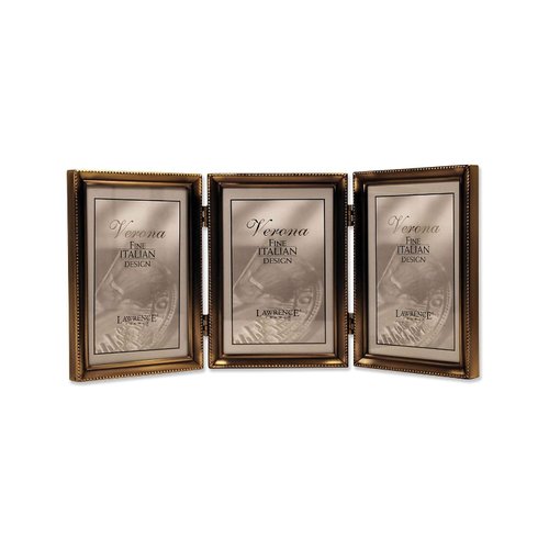 Lawrence Frames 11435T Antique Gold Bead 3-1/2 x 5-inch Hinged Triple Picture Frame