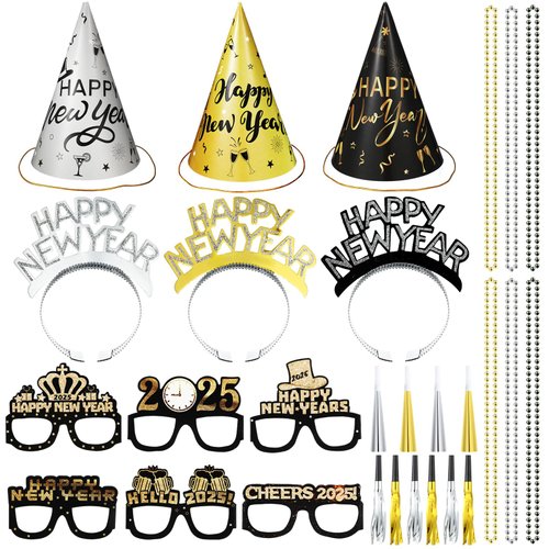 ShinyMatch 39 Pcs New Years Eve Party Supplies 2025 New Year Decorations 12 Noise Makers 3 Black Silver Gold Party Hats 6 Tiaras 6 Necklaces 6 New Year Glasses 6 Horns for New Year Favors(Cone Hat)