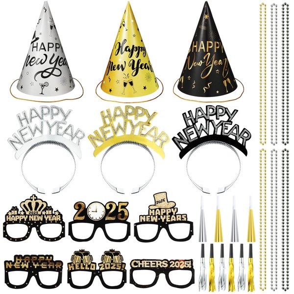 ShinyMatch 39 Pcs New Years Eve Party Supplies 2025 New Year Decorations 12 Noise Makers 3 Black Silver Gold Party Hats 6 Tiaras 6 Necklaces 6 New Year Glasses 6 Horns for New Year Favors(Cone Hat)