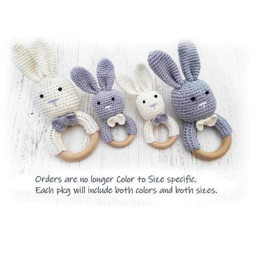 Natural Wooden Baby Toys Cotton Crochet Bunny Teething Ring Teether Rattle Set of 2 Newborn Unisex Baby (Grey Mama White Baby)