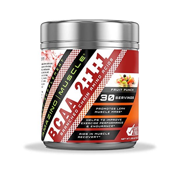 Amazing Muscle BCAA 2:1:1 Branched Chain Amino Acids Supplement | 6,000 Mg Per Serving | Fruit Punch Flavor | 30 Servings