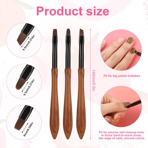3pcs Nail Polish Clean Up Brushes, Gel Nail Polish Remove Brushes with Round, Angled and Flat Head Manicure Cleaning Brushes for Nail Painting Art DIY Design (Sandalwood Handle)