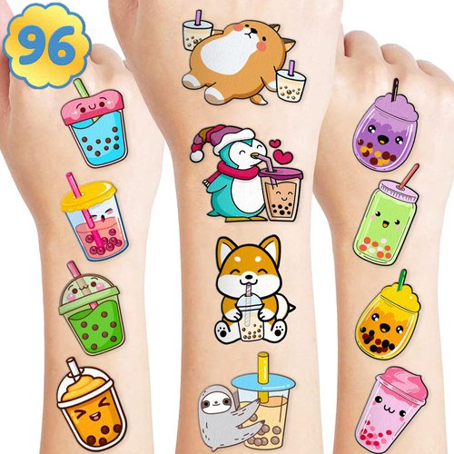 96 PCS Boba Bubble Milk Tea Temporary Tattoos Stickers Theme Birthday Party Decorations Supplies Favors Decor Cute Tattoo Sticker Gifts for Kids Boys Girls Classroom Rewards Prizes Christmas Carnival