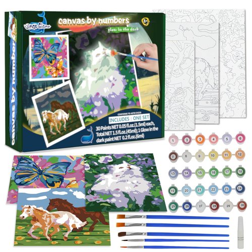 Paint-by-Numbers for Kids Ages 8-12 - Acrylic Paint Set, Paint by Numbers, Glow in The Dark, DIY Craft, Include 3 Canvas Framed with 30 Pots, 5 Brushes, Horse Paint by Number, Wooden Crafts to Paint