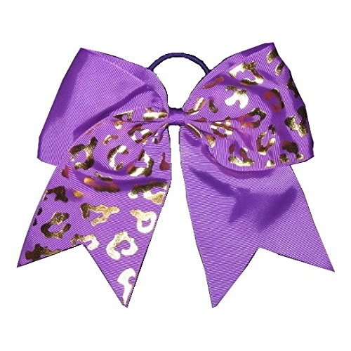 NEW "GOLD CHEETAH Purple" Tick Tock Cheer Bow Pony Tail 7 Inch Girls Cheerleading Dance Practice Football Games Competition Grosgrain Ribbon Elastic