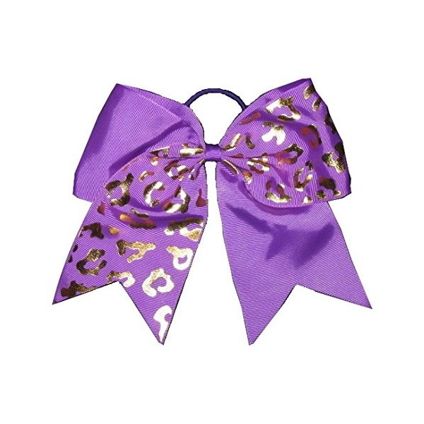 NEW "GOLD CHEETAH Purple" Tick Tock Cheer Bow Pony Tail 7 Inch Girls Cheerleading Dance Practice Football Games Competition Grosgrain Ribbon Elastic