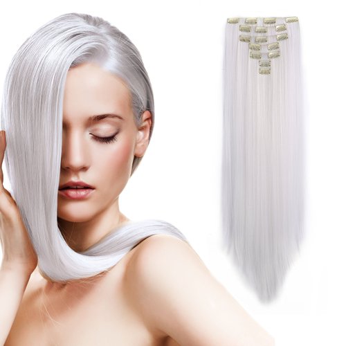 Onedor 24" Straight Synthetic Clip in Hair Extensions. 7 individual pieces for multiple styles.140g (1001#-White)