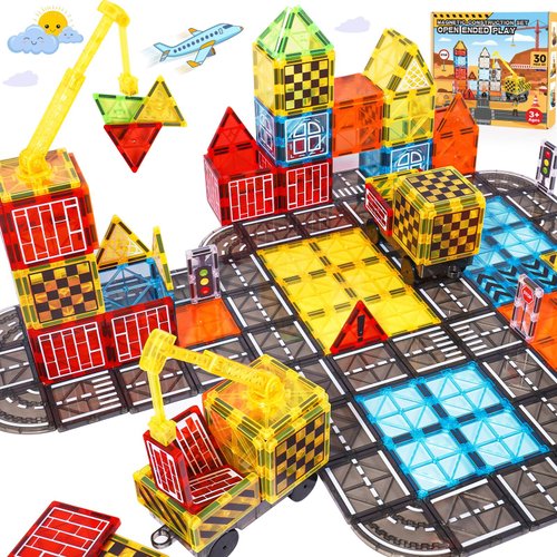 Magnetic Tiles Kids Construction Toys - Road Set with Magnet Crane for Boys Age 3-5 4-8 8-10, Magnet Building Blocks Expansion Pack, Outdoor Toddler Activities Preschool Classroom Learning Toys Gift