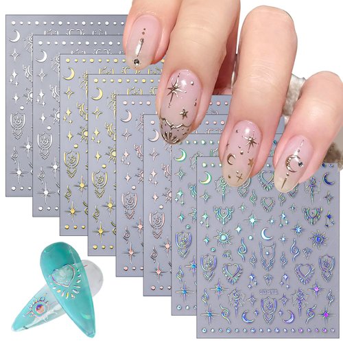CHANGAR 8 Sheets Moon Star Nail Stickers for Nail Art Metallic Sun Totem Nail Decals Holographic ...