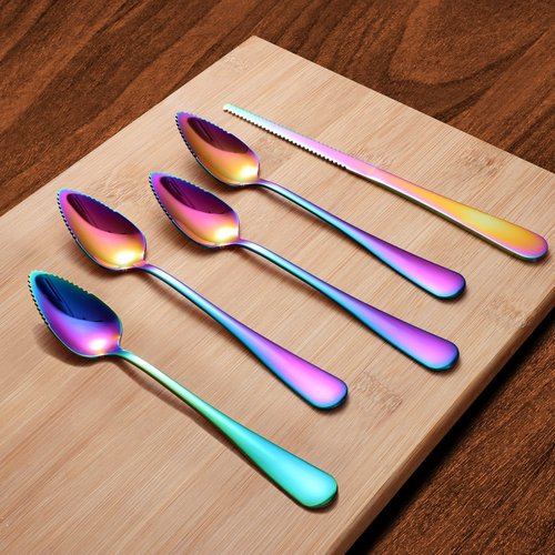 Grapefruit Spoons & Grapefruit Knife, Stainless Steel Grapefruit Utensil Set, Serrated Edge & Thick Gauge Handle, Rainbow Kitchen Tool with Non-stick Plating for Kiwi, Dessert, Apple (5 PCS)