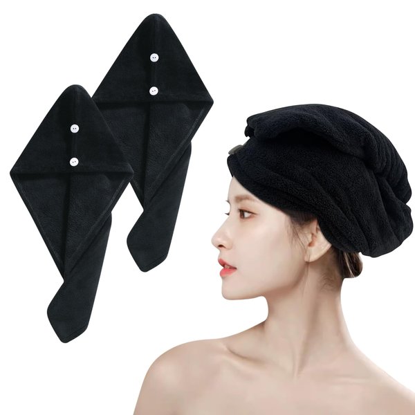 wetore 2 Pack Microfiber Hair Towel,Quick Dry Head Wraps Hair Towel Turban Wrap for Women Kids,25.6x9.8 Inch Super Absorbent Fast Hair Drying Towel with Button for Wet Curly Hair(Black)