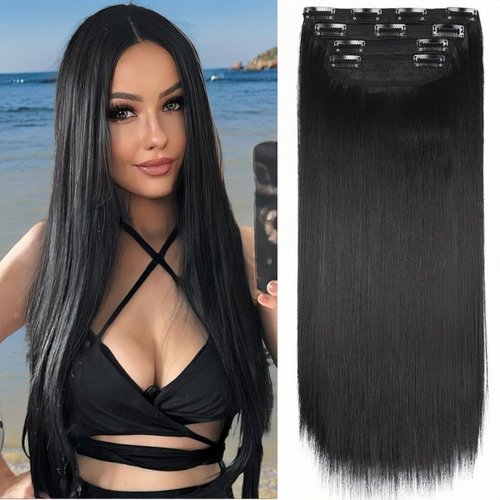 Straight Black Hair Extensions for Women, Clip in Long Wavy Hair Extensions Double Weft Synthetic Hair Extension, Thick Hairpieces for Thinning Hair(20Inch, 4Pcs)