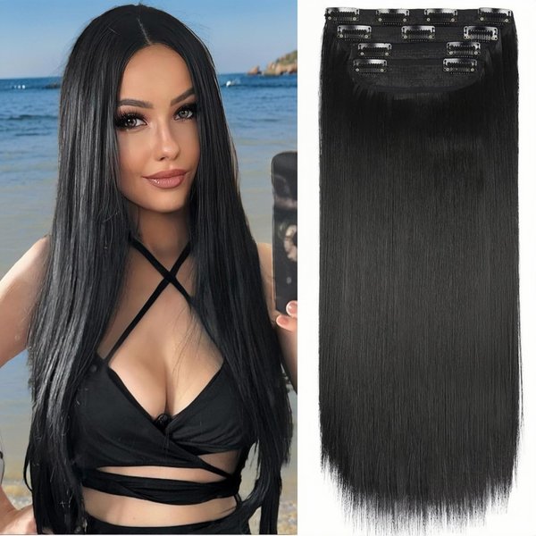Straight Black Hair Extensions for Women, Clip in Long Wavy Hair Extensions Double Weft Synthetic Hair Extension, Thick Hairpieces for Thinning Hair(20Inch, 4Pcs)