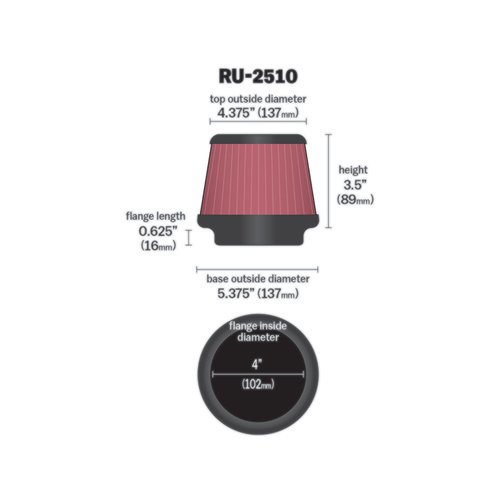 K&N Universal Clamp-On Air Intake Filter: High Performance, Premium, Washable, Replacement Filter: Flange Diameter: 4 In, Filter Height: 3.5 In, Flange Length: 0.625 In, Shape: Round Tapered, RU-2510