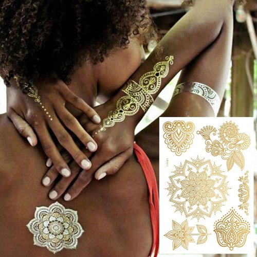 Henna Tattoos, Gold Henna Temporary Tattoos Stickers for Women Wedding Party Festivals, & Parties Decoration Suppliers 6Sheets (gold)