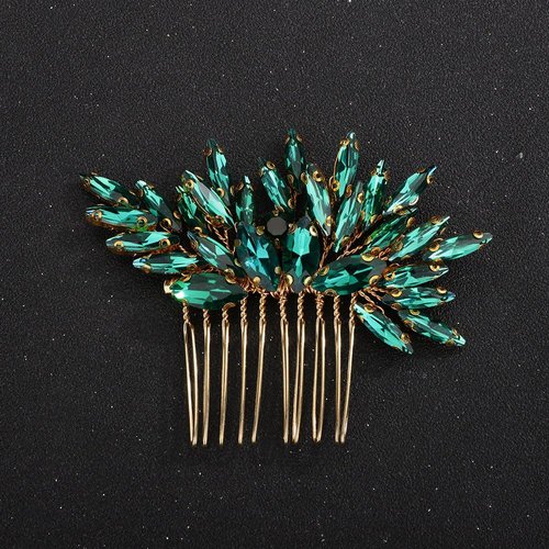 Teyglen Bridal Wedding Hair Comb Gold Green Rhinestone Handmade Headpiece for Brides and Girls