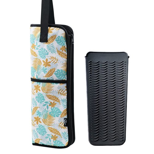 2 Pieces Hair Flat Iron Case Holder Canvas Bag Heat Resistant Curling Iron Silicone Straightener Holder Mat for Hair Tools Curling Iron Organizer Bag (Leavies)