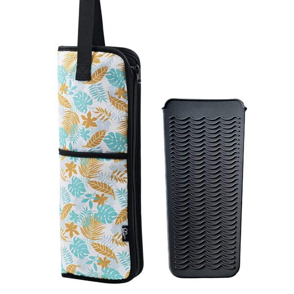 2 Pieces Hair Flat Iron Case Holder Canvas Bag Heat Resistant Curling Iron Silicone Straightener Holder Mat for Hair Tools Curling Iron Organizer Bag (Leavies)