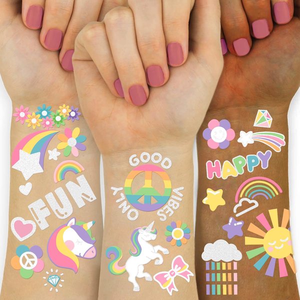 118 PCS Unicorn Rainbow Temporary Tattoo Kids, Glitter Crown Fake Tattoo for Girls’ Party Favors Kids Birthday Supplies Decorations, Princess Tattoos Sticker for Kids 6 7 8 9 10 year