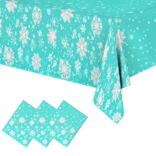 Tokcousun 3 pcs Christmas Winter Snowflake Plastic Frozen Tablecloth Decorations, Green Snowflake Winter Wonderland Disposable Table Cover for Holiday Frozen Birthday Party Decorations,54 x 108 Inch