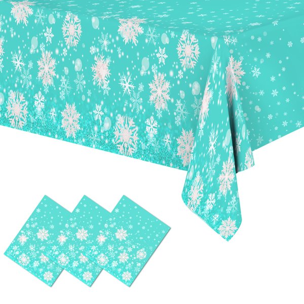 Tokcousun 3 pcs Christmas Winter Snowflake Plastic Frozen Tablecloth Decorations, Green Snowflake Winter Wonderland Disposable Table Cover for Holiday Frozen Birthday Party Decorations,54 x 108 Inch