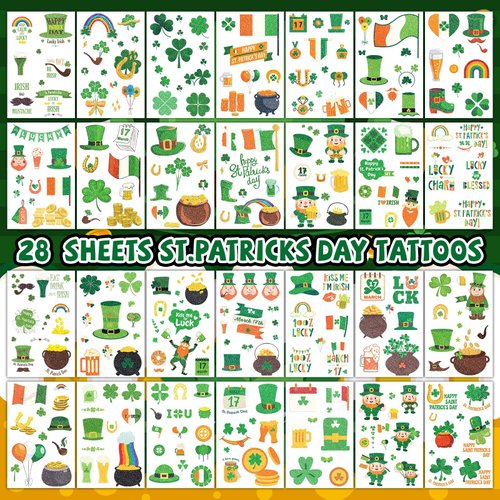 EMOME 250pcs St. Patrick's Day Temporary Tattoo Stickers for Kids, Glitter Tattoos for St Patrick's Day Decorations Accessories, Shamrock Irish Tattoo Stickers for Party Supplies Favors (28 Sheets)