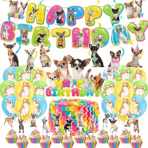 Chihuahua Birthday Party Supplies Chihuahua Dog Party Decorations Includes Chihuahua Dog Happy Birthday Banner Hanging Swirls Cake Topper Cupcake Toppers Balloons