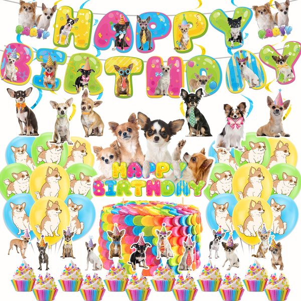 Chihuahua Birthday Party Supplies Chihuahua Dog Party Decorations Includes Chihuahua Dog Happy Birthday Banner Hanging Swirls Cake Topper Cupcake Toppers Balloons