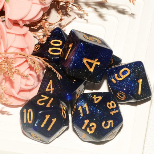Galaxy DND Dice 7Pieces, Glitter Sparkle Cosmic Blue Black Mixed Polyhedral DND Dice for RPG MTG Table Game Dice