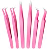 6 Pcs Lash Tweezers Eyelash Extension Tweezers, Stainless Steel Straight Tip Tweezers Curved Tip Tweezers Individual Volume Eyelash Tweezers Isolation Tweezers False Lash Application Tools (Pink)