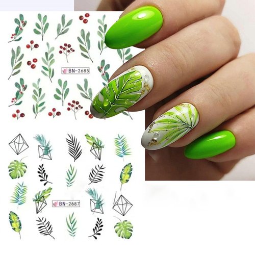 12pcs Green Leaf Nail Stickers - Diowino Water Transfer Nail Art Stickers Tropical Rain Forest Leave Series Nail Decals Nail Accessories for Acrylic Nails Women Girls
