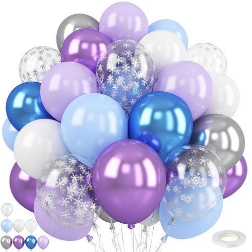 Frozen Balloons,50PCS 12 Inch Blue and Purple Snowflake Confetti Balloons,Metallic Purple Blue Silver and White Balloons with Ribbon, for Girls Birthday Frozen Theme Supplies Winter Party Decorations