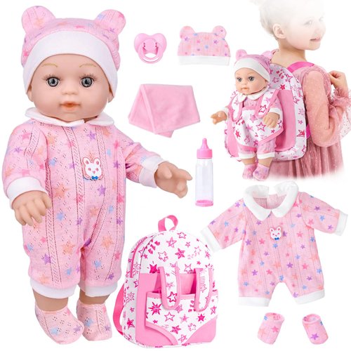 BDDOLL 12" Baby Doll in Gift Box with Pink Backpack, Cloths, Feeding Bottle and Pacifier, First Baby Dolls for Toddlers 3 Years and Up