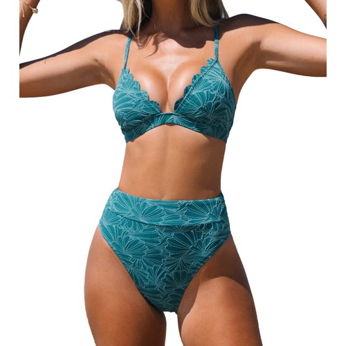 CUPSHE Bikini Set for Women Bathing Suit High Waisted Scalloped V Neck Two Pieces Swimsuit M Cyan