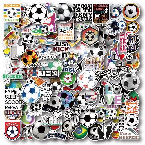 AOWDIAO 100 Pieces Soccer Stickers, Vinyl Soccer Water Bottle Stickers Pack, Soccer Gifts for Soccer Lovers, Soccer Party Favors, Soccer Decorations