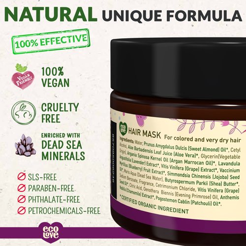 ecoLove Hair Mask for Dry Damaged Hair, Natural Hair Mask Deep Conditioning, 11.8 oz - Vegan and Cruelty-Free, With Lavender Extract, Organic Ingredients, SLS and Parabens Free