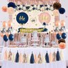 Gender Reveal Decorations He or She Reveal Backdrop Navy Blush Balloons PomPoms and Blush Pink Fringe Curtain for Gender Reveal Baby Shower Party Supplies