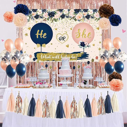 Gender Reveal Decorations He or She Reveal Backdrop Navy Blush Balloons PomPoms and Blush Pink Fringe Curtain for Gender Reveal Baby Shower Party Supplies