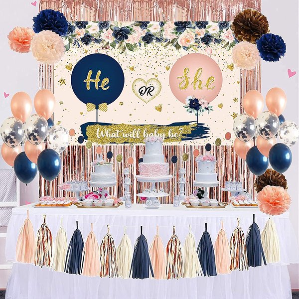 Gender Reveal Decorations He or She Reveal Backdrop Navy Blush Balloons PomPoms and Blush Pink Fringe Curtain for Gender Reveal Baby Shower Party Supplies