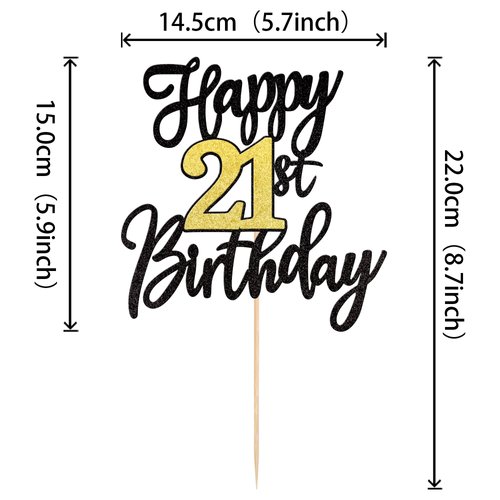 1 PCS Happy 21st Birthday Cake Topper Black Gold Glitter Cheers to 21 Years Birthday Cake Pick 21 Fabulous Cake Decoration for Happy 21st Birthday Anniversary Party Cake Decorations Supplies