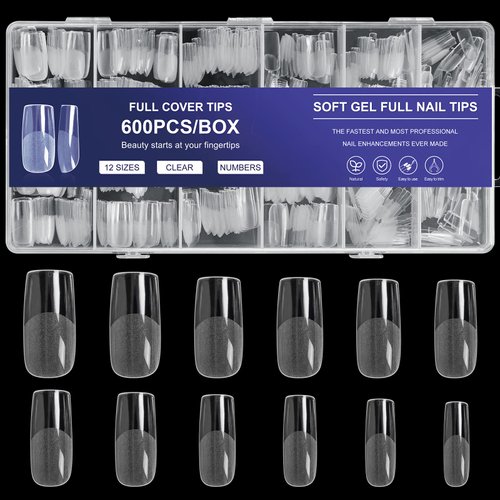 AORAEM Square Nail Tips 600 PCS Artificial Full Cover Nail Tips Soft Clear Nail Tips 12 Sizes Acrylic Medium Square Press on Nails Tapered Square False Nails with Box for Home DIY Nail Salon