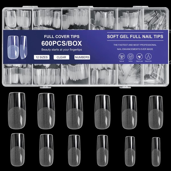 AORAEM Square Nail Tips 600 PCS Artificial Full Cover Nail Tips Soft Clear Nail Tips 12 Sizes Acrylic Medium Square Press on Nails Tapered Square False Nails with Box for Home DIY Nail Salon
