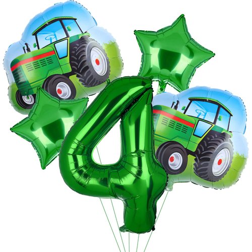 5Pcs Tractor Balloons, Green Tractor Birthday Number Mylar Foil Balloon Farm Theme 4th Birthday Party Supplies Decor (4th)