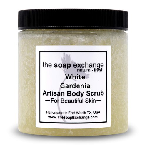 The Soap Exchange Sugar Body Scrub - White Gardenia Scent - Hand Crafted 8 fl oz / 240 ml Natural Artisan Skin Care, Shea Butter, Exfoliate, Moisturize, & Protect. Made in the USA.