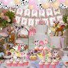 Hungdao 58 Pcs Farm Animals Birthday Party Decorations Pink Barnyard Farm Animal Party Supplies Include Cow Print Balloons, Farm Animal Cupcake Toppers, Happy Birthday Banner for Kids Girl Baby Shower