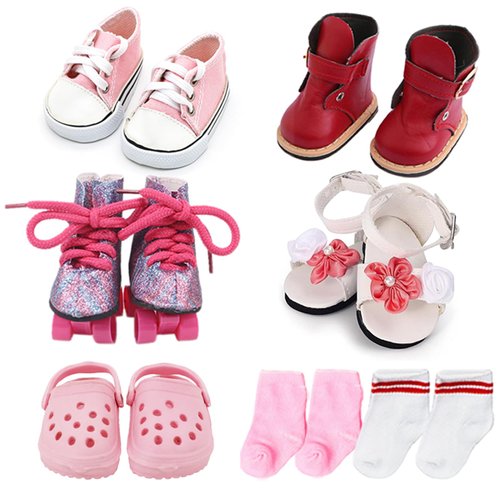 18” Doll Shoes Set, 5 Pairs of Doll Shoes+2 Pairs of Socks 18 Inch Doll Doll Accessories Includes Sneakers/Boots/Roller Skates/Sandals/Clogs/Pink and White Socks for 18 in Boy or Girl Dolls