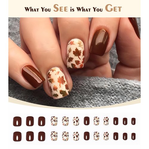 Morily Fall Press on Nails Short Square, Dark Red Fake Nails with Maple Leaf Designs Acrylic False Nails Autumn Artificial Nails Reusable Glossy Full Cover Stick on Nails for Women 24Pcs