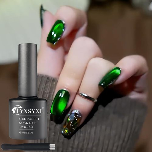 LYXSYXL 7ml Crystal Cat Eye Gel Nail Polish Magnetic Nail Polish Set Bright Silver UV Gel Polish Shiny Diamond Glitter Gel with Magnet Stick (Dark green)