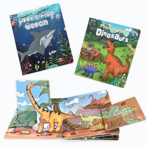 Wallxin Peek-a-Flap - Lift The Flap Interactive Board Book Early Learning Education Gift for Babies Toddlers Kids Boys Girls Litter Dinosaur & Ocean Lovers - 2 Pack